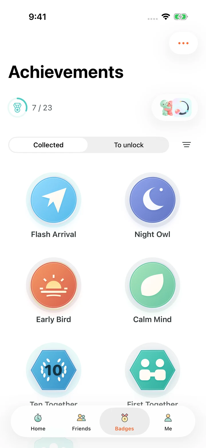 A detail from GoTime’s native Achievements screen with the Flash Arrival and Night Owl badges.
