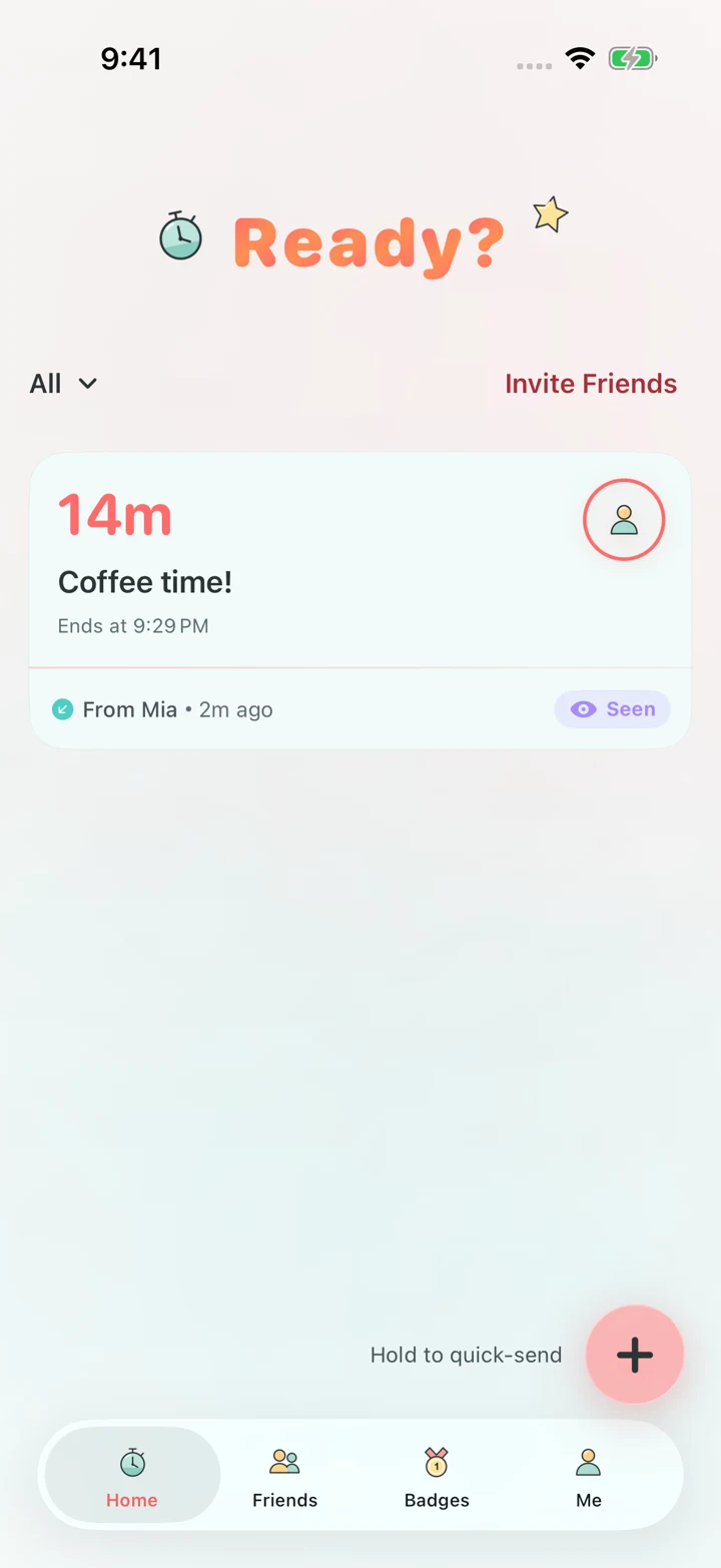 GoTime automatically demonstrates countdowns, friend selection, alarm setup, and badges inside an iPhone. Friends are fictional demo accounts.