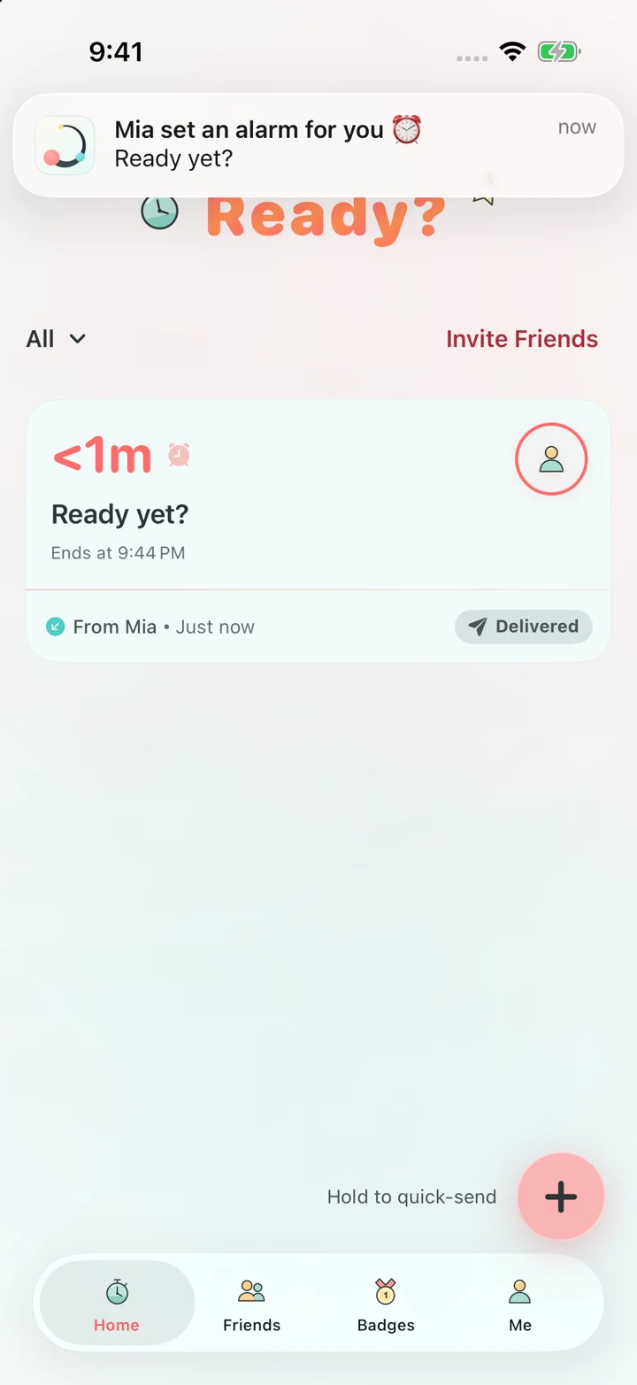 Native iOS capture: a friend receives the alarm countdown notification from GoTime.
