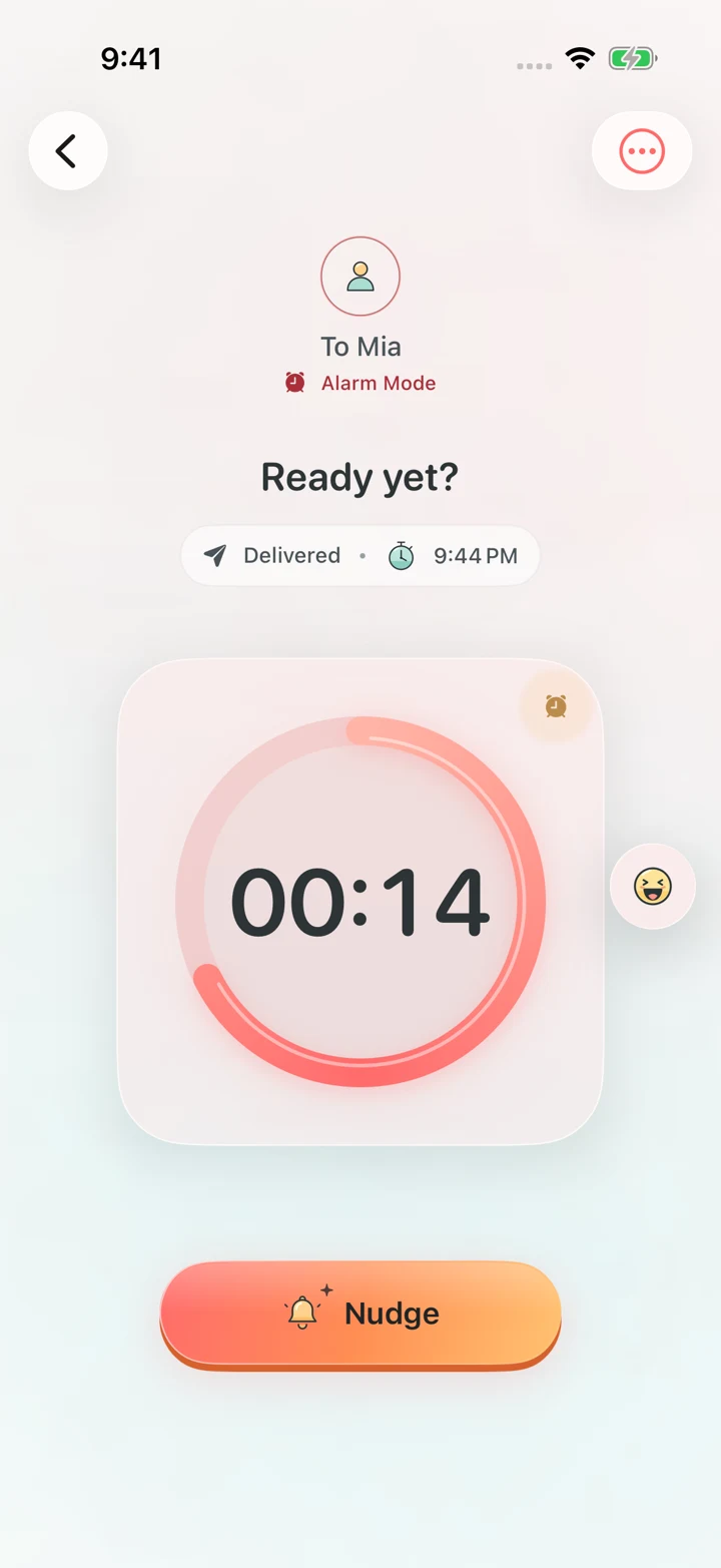Native app capture: an alarm countdown titled “Ready yet?” sent to a friend.